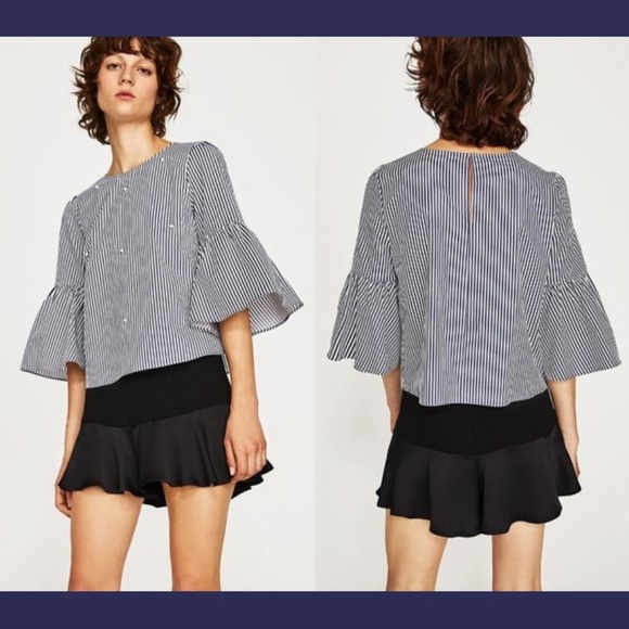 NWT Zara Poplin Stripe‎ Top with faux pearls Blue/White [ SZ Small ] #3595 - Picture 2 of 12